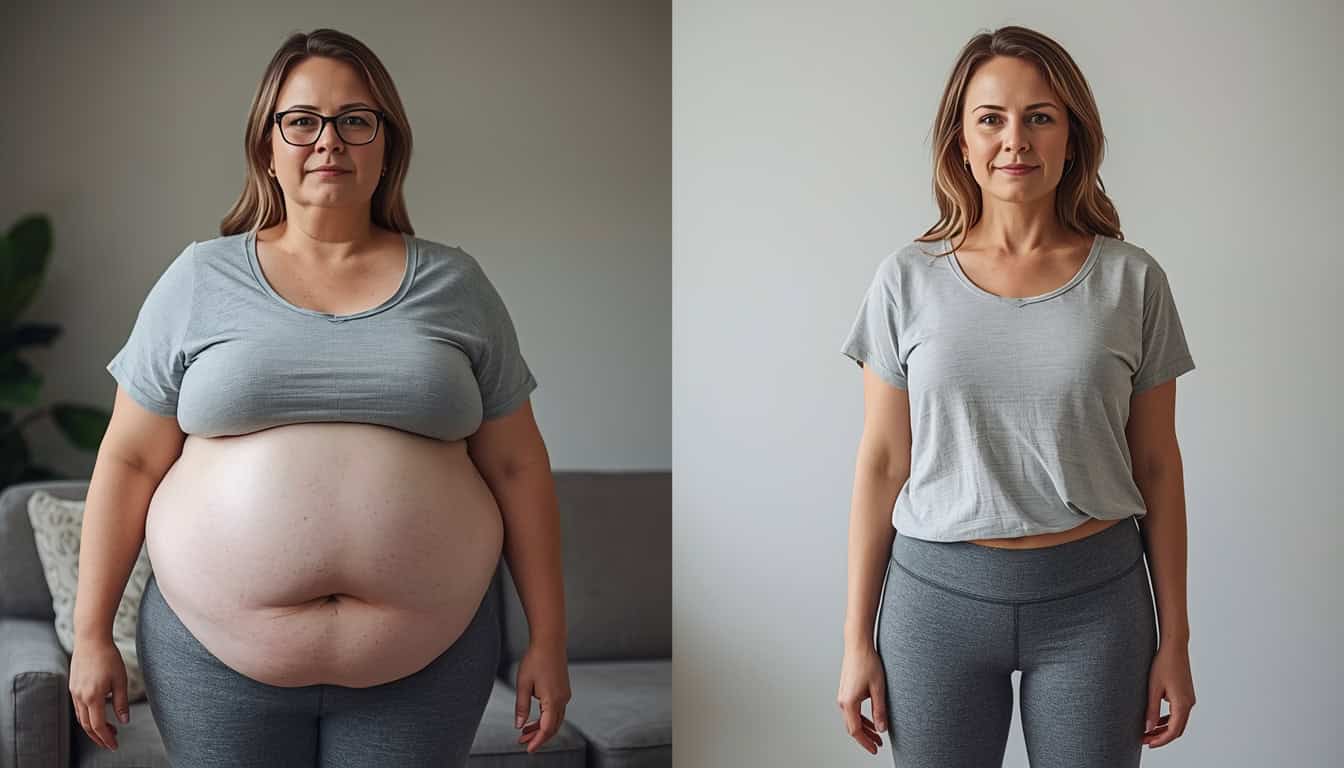 LeanBiome before and after weight loss comparison showing real 90-day transformation of an adult woman with visible reduction in abdominal fat and improved body composition